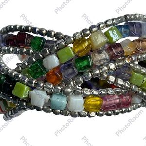 Vintage multi colored bead and stone weave open end bracelet in euc